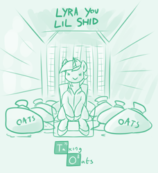 Size: 2580x2824 | Tagged: safe, artist:moonatik, lyra heartstrings, pony, unicorn, g4, breaking bad, expensive imported oats, female, food, high res, l.u.l.s., mare, monochrome, oats, sketch, solo, that pony sure does love oats, walter white