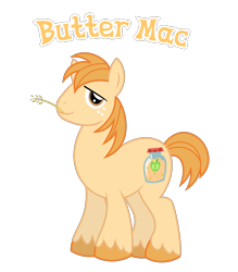 Size: 1212x1385 | Tagged: source needed, safe, anonymous artist, oc, oc only, oc:butter mac, earth pony, pony, earth pony oc, freckles, male, name, offspring, parent:applejack, parent:big macintosh, parents:applemac, product of incest, simple background, solo, stallion, straw in mouth, text, transparent background