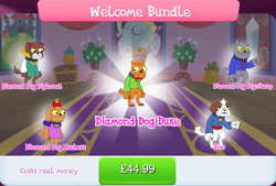 Size: 1270x860 | Tagged: safe, gameloft, idw, archie bluecoat, chancellor jim, daisydaint bow, lady bowser, oscar smartpaw, diamond dog, g4, my little pony: magic princess, bow, bowtie, brown coat, brown fur, choker, clothes, collar, collection, costs real money, dog collar, english, female, female diamond dog, gray coat, green eyes, grey fur, group, hair bow, male, numbers, orange coat, orange fur, text, white coat, white fur, yellow eyes