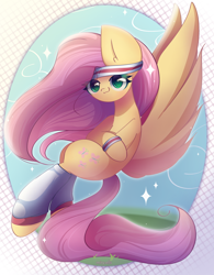 Size: 1950x2500 | Tagged: safe, artist:miryelis, fluttershy, pegasus, pony, hurricane fluttershy, cute, female, flying, full body, long hair, looking at you, simple background, smiling, smiling at you, solo, sparkles, sporty style, wings
