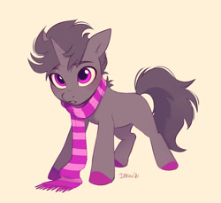 Size: 2454x2250 | Tagged: safe, artist:imalou, oc, oc only, oc:2tense, pony, unicorn, beige background, blank flank, clothes, high res, hoof polish, horn, looking at you, looking up, looking up at you, scarf, signature, simple background, solo, striped scarf, unicorn oc