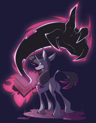 Size: 1280x1630 | Tagged: safe, artist:geatmos, fhtng th§ ¿nsp§kbl, oleander (tfh), classical unicorn, demon, pony, unicorn, them's fightin' herds, book, cloven hooves, community related, female, hand, horn, leonine tail, rear view, simple background, unicornomicon, unshorn fetlocks