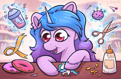 Size: 2307x1514 | Tagged: artist needed, source needed, safe, izzy moonbow, princess celestia, pony, unicorn, g5, my little pony: a new generation, bracelet, craft, cute, donut, female, food, friendship bracelet, glue, jewelry, looking down, magic, mare, open mouth, scissors, smiling, solo, table