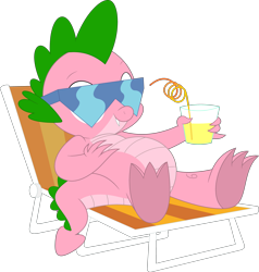 Size: 3387x3562 | Tagged: safe, artist:php170, artist:porygon2z, edit, editor:ponygamer2020, spike, spike (g1), dragon, mlp fim's twelfth anniversary, g1, g4, anniversary, beach chair, chair, chillaxing, drink, feet, g1 to g4, generation leap, glass, glasses, happy birthday mlp:fim, high res, lounging, male, recolor, simple background, solo, sunglasses, transparent background, underfoot, vector