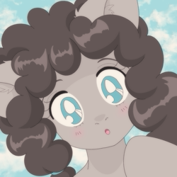 Size: 2000x2000 | Tagged: safe, artist:etoz, oc, oc only, oc:cloudy, earth pony, pony, '90s, 90s anime, :o, blushing, bust, cloud, commission, cute, ear fluff, earth pony oc, eyebrows, female, high res, looking at you, mare, open mouth, pigtails, portrait, raised eyebrow, retro, sky, style emulation, surprised, white pupils
