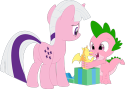 Size: 3563x2538 | Tagged: safe, artist:php170, artist:porygon2z, edit, editor:ponygamer2020, spike, spike (g1), twilight, twilight sparkle, dragon, pony, unicorn, mlp fim's twelfth anniversary, g1, g4, anniversary, butt, duo, female, g1 to g4, generation leap, happy, happy birthday mlp:fim, high res, male, open mouth, plot, present, recolor, simple background, smiling, spikelove, toy, transparent background, twibutt, unicorn twilight, vector