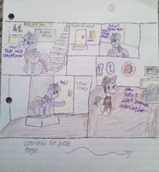 Size: 1109x1200 | Tagged: safe, artist:theinvertedshadow, alicorn, pony, unicorn, elements of insanity, series:brutalight gets intimate (remade), brutalight sparcake, comic, couch, darts, dialogue, door, drawing, female, gun, male, mare, nostalgia critic, pen drawing, ponified, sketch, stallion, television, traditional art, weapon