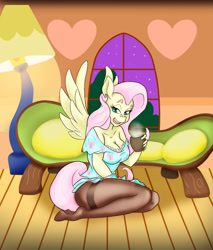 Size: 1280x1500 | Tagged: safe, artist:furryfantan, fluttershy, pegasus, anthro, g4, breasts, busty fluttershy, cleavage, clothes, female, legs, pantyhose, sitting, smiling, solo, wings