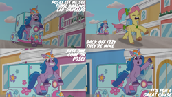 Size: 4401x2476 | Tagged: safe, edit, edited screencap, editor:quoterific, screencap, izzy moonbow, posey bloom, earth pony, pony, unicorn, dumpster diving, g5, my little pony: tell your tale, spoiler:g5, spoiler:my little pony: tell your tale, spoiler:tyts01e13