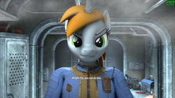 Size: 3840x2160 | Tagged: safe, artist:nologo, part of a set, oc, oc only, oc:littlepip, anthro, art pack:fun n games 2022, fallout equestria, series:modded character creation, 3d, anthro oc, clothes, dialogue, doorway, fallout, high res, jumpsuit, lockers, looking at you, source filmmaker, stable-tec, steam, subtitles, toolbox, vault suit, video game