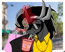 Size: 2826x2248 | Tagged: safe, artist:sefastpone, king sombra, pony, unicorn, guardians of pondonia, g4, bag, clothes, digital art, drinking, drinking straw, hawaiian shirt, high res, magic, male, real life background, shirt, shopping bag, smoothie, stallion, straw in mouth, sunglasses, telekinesis