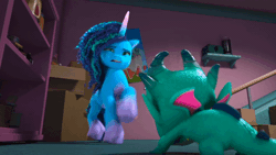 Size: 600x338 | Tagged: safe, edit, edited screencap, screencap, misty brightdawn, sparky sparkeroni, dragon, pony, unicorn, g5, have you seen this dragon?, my little pony: make your mark, my little pony: make your mark chapter 2, spoiler:my little pony: make your mark chapter 2, spoiler:mymc02e08, animated, baby, baby dragon, female, gif, hoofy-kicks, male, mare, reversed, scared, solo