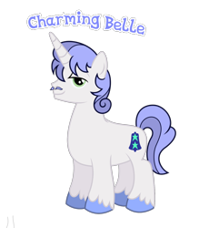 Size: 1448x1654 | Tagged: source needed, safe, anonymous artist, oc, oc only, oc:charming belle, pony, unicorn, description is relevant, facial hair, freckles, horn, male, moustache, name, offspring, parent:fancypants, parent:rarity, parents:raripants, simple background, solo, stallion, story included, text, transparent background, unicorn oc, unshorn fetlocks
