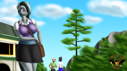 Size: 7680x4320 | Tagged: safe, artist:tsaritsaluna, marble pie, abyssinian, earth pony, anthro, g4, bag, breasts, busty marble pie, clothes, college, female, hair over one eye, mountain, shoulder bag, skirt, solo focus, tree, trio, university, vest