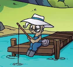 Size: 390x355 | Tagged: safe, idw, mayor mare, earth pony, pony, g4, spoiler:comic, spoiler:comic47, cute, female, fishing, fishing rod, glasses, hat, mare, pier