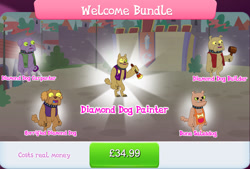 Size: 1271x860 | Tagged: safe, gameloft, idw, basher, marrow, razey, shakes, spotsplatter, diamond dog, g4, my little pony: magic princess, apron, blue tongue, bone, brown fur, choker, clothes, collar, collection, costs real money, dog collar, english, green eyes, group, hammer, horrified, idw showified, male, number, paint, paintbrush, pocket, pouch, saw, shock, shocked, shocked expression, text, vest, yellow eyes