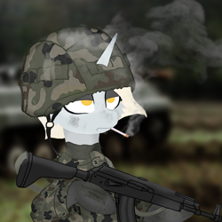 Size: 3500x3500 | Tagged: safe, artist:kotwitz, derpibooru exclusive, oc, oc only, oc:aria taitava, pony, unicorn, assault rifle, blurry background, bored, camouflage, cigarette, close-up, clothes, dirty, frown, gloves, gun, helmet, holding, lidded eyes, military, military uniform, polish, rifle, smoke, solo, tired, uniform, weapon