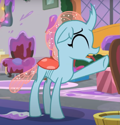 Size: 665x697 | Tagged: safe, screencap, ocellus, changedling, changeling, g4, the hearth's warming club, cropped, eyes closed, female, open mouth, raised hoof, solo
