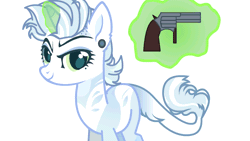 Size: 1280x720 | Tagged: safe, artist:kusochekcat, oc, oc only, oc:trinitty, pony, unicorn, animated, bullet, commission, ear piercing, earring, eyeshadow, female, gif, glowing, glowing horn, grin, gun, gun twirling, handgun, horn, jewelry, leonine tail, levitation, magic, makeup, mare, markings, piercing, raised hoof, revolver, simple background, smiling, solo, tail, telekinesis, white background, ych result