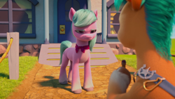 Size: 1920x1080 | Tagged: safe, screencap, dahlia, hitch trailblazer, earth pony, pony, g5, growing pains, my little pony: make your mark, my little pony: make your mark chapter 2, spoiler:my little pony: make your mark chapter 2, clothes, coat markings, dahlia is not amused, duo, duo male and female, female, magnetic hooves, male, mare, pencil, scarf, socks (coat markings), stallion, unamused