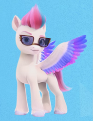 Size: 647x847 | Tagged: safe, screencap, zipp storm, pegasus, pony, g5, my little pony: make your mark, my little pony: make your mark chapter 2, spoiler:my little pony: make your mark chapter 2, blue background, female, glasses, mare, simple background, solo, spread wings, sunglasses, unshorn fetlocks, wings
