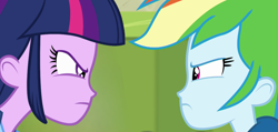 Size: 1152x550 | Tagged: safe, edit, rainbow dash, twilight sparkle, alicorn, human, a queen of clubs, equestria girls, equestria girls series, g4, my little pony equestria girls, angry, duel, narrowed eyes, twilight sparkle (alicorn), twilight sparkle is not amused, unamused