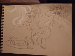 Size: 4160x3120 | Tagged: safe, artist:tai kai, oc, oc only, oc:whimsical brazy, pony, unicorn, cauldron, female, glowing, glowing horn, hat, high res, horn, love potion, magic, magic aura, pencil drawing, rear view, solo, traditional art, unicorn oc, witch hat