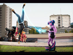 Size: 7200x5400 | Tagged: safe, artist:imafutureguitarhero, sci-twi, sunset shimmer, twilight sparkle, alicorn, classical unicorn, unicorn, anthro, unguligrade anthro, art pack:fun n games 2022, g4, 3d, :i, absurd resolution, arm fluff, barrel, black bars, boots, cheek fluff, chin fluff, chromatic aberration, clothes, cloven hooves, colored eyebrows, colored eyelashes, crossover, crowbar, denim, dialogue in the description, duo, duo female, ear fluff, ear freckles, female, film grain, fluffy, fluffy hair, fluffy mane, fluffy tail, freckles, fur, gm construct, gmod, grin, horn, jacket, jeans, leather, leather boots, leather jacket, leg fluff, leonine tail, lesbian, letterboxing, looking at each other, looking at someone, mare, multicolored hair, multicolored mane, multicolored tail, neck fluff, outdoors, paintover, pants, peppered bacon, physgun, revamped anthros, revamped ponies, sci-twilicorn, ship:sci-twishimmer, ship:sunsetsparkle, shipping, shirt, shoes, shorts, shoulder fluff, shoulder freckles, signature, smiling, source filmmaker, sunset shimmer is not amused, tail, tail fluff, tank top, this will end in death, this will end in pain, this will end in tears, this will end in tears and/or death, twilight sparkle (alicorn), unamused, unshorn fetlocks, upside down, vulgar description, wall of tags, water, weapon, wings
