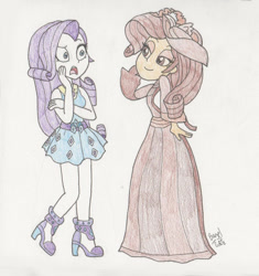 Size: 989x1053 | Tagged: safe, alternate version, artist:bageloftime, rarity, human, equestria girls, g4, alternate universe, clothes, dress, duality, duo, female, gown, long dress, long skirt, paper, rarity peplum dress, self paradox, sepia, simple background, skirt, traditional art, white background