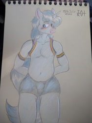 Size: 3120x4160 | Tagged: safe, artist:tai kai, oc, oc only, unicorn, anthro, anthro oc, arm behind back, belly button, blushing, clothes, crotch bulge, gay pride flag, high res, horn, male, partial nudity, pride, pride flag, shorts, simple background, solo, straps, topless, traditional art, unicorn oc, white background