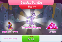 Size: 1264x861 | Tagged: safe, gameloft, prominence, dragon, g4, my little pony: magic princess, background dragon, chest, claws, costs real money, crown, crystal empire, dragon lord's crown, dragoness, english, female, gem, horns, jewelry, numbers, partially open wings, regalia, sale, solo, tail, teenaged dragon, text, wings