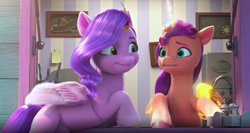 Size: 2536x1346 | Tagged: safe, screencap, pipp petals, sunny starscout, alicorn, pegasus, pony, ali-conned, g5, my little pony: a new generation, my little pony: make your mark, my little pony: make your mark chapter 2, spoiler:g5, spoiler:my little pony: make your mark chapter 2, spoiler:mymc02e04, duo, duo female, female, leaning on table, mare, pepper shaker, race swap, salt shaker, sunnycorn, table