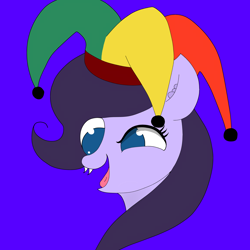 Size: 3000x3000 | Tagged: safe, artist:houndy, oc, oc only, oc:jester, bat pony, blue background, hat, high res, insanity, jester hat, looking at you, simple background, smiling, smiling at you, solo