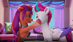 Size: 2246x1286 | Tagged: safe, screencap, sunny starscout, zipp storm, earth pony, pegasus, pony, g5, hoof done it?, my little pony: make your mark, my little pony: make your mark chapter 2, spoiler:g5, spoiler:my little pony: make your mark chapter 2, spoiler:mymc02e07, duo, face to face, female, holding, mare, out of context, worried