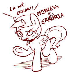 Size: 672x698 | Tagged: safe, artist:maren, alula, pluto, princess erroria, alicorn, pony, g4, 2015, angry, dialogue, doodle, female, filly, foal, monochrome, old art, open mouth, raised hoof, solo