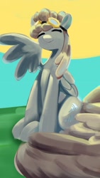 Size: 2160x3840 | Tagged: safe, artist:applephil, dust devil, pegasus, pony, g4, hurricane fluttershy, 4k, eyes closed, female, goggles on head, high res, mare, one wing out, sitting, smiling, solo, wings