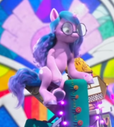 Size: 283x315 | Tagged: safe, screencap, izzy moonbow, pony, unicorn, g5, izzy does it, my little pony: make your mark, my little pony: make your mark chapter 2, spoiler:my little pony: make your mark chapter 2, spoiler:mymc02e01, cropped, glasses, glowing, glowing horn, horn, sitting, solo, underhoof