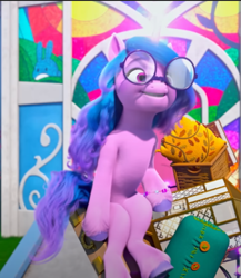 Size: 693x799 | Tagged: safe, screencap, izzy moonbow, pony, unicorn, g5, izzy does it, my little pony: make your mark, my little pony: make your mark chapter 2, spoiler:my little pony: make your mark chapter 2, spoiler:mymc02e01, cropped, glasses, glowing, glowing horn, horn, sitting, solo
