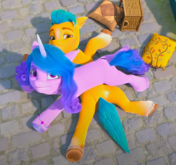 Size: 776x727 | Tagged: safe, screencap, hitch trailblazer, izzy moonbow, earth pony, pony, unicorn, g5, izzy does it, my little pony: make your mark, my little pony: make your mark chapter 2, spoiler:my little pony: make your mark chapter 2, spoiler:mymc02e01, cropped, female, male, mare, out of context, solo, stallion