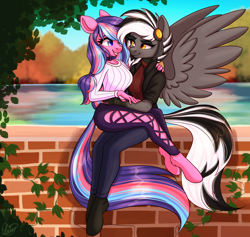 Size: 3800x3600 | Tagged: safe, artist:mxiiisy, oc, oc only, oc:serenity pond, oc:zephyr corax, oc:zephyrai, earth pony, pegasus, anthro, unguligrade anthro, accessory, autumn, black and white mane, breasts, brick wall, choker, clothes, complex background, duo, duo female, eyeshadow, female, grin, hair tie, hairpin, hand on arm, hand on hip, hand on shoulder, high res, hoof fluff, jacket, lake, leaves, long hair, looking at each other, looking at someone, makeup, multicolored hair, multicolored tail, purple eyes, sitting, sitting on lap, smiling, spread wings, sweatshirt, tail, vine, water, watermark, wings, yellow eyes