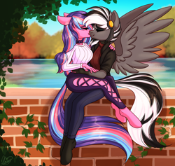 Size: 3800x3600 | Tagged: safe, artist:mxiiisy, oc, oc only, oc:serenity pond, oc:zephyr corax, oc:zephyrai, earth pony, pegasus, anthro, unguligrade anthro, accessory, autumn, black and white mane, breasts, brick wall, choker, clothes, complex background, duo, duo female, eyes closed, eyeshadow, female, hair tie, hairpin, hand on arm, hand on hip, hand on shoulder, high res, hoof fluff, jacket, kiss on the lips, kissing, lake, leaves, long hair, makeup, multicolored hair, multicolored tail, reverse countershading, sitting, sitting on lap, spread wings, sweatshirt, tail, vine, water, watermark, wings