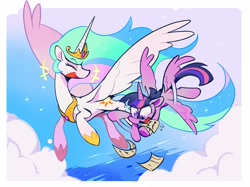 Size: 2048x1534 | Tagged: safe, artist:ache13337003, princess celestia, twilight sparkle, alicorn, pony, g4, duo, flying, jewelry, laughing, nervous, paper, regalia, twilight sparkle (alicorn)