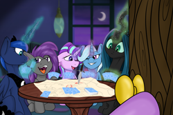 Size: 6000x4000 | Tagged: safe, artist:noblebrony317, princess luna, queen chrysalis, starlight glimmer, trixie, twilight sparkle, oc, oc:fritzy, changeling, changeling queen, pony, unicorn, g4, absurd resolution, bedroom, cute, detailed background, female, frown, glowing, glowing horn, grin, group, horn, magic, magic aura, map, moon, one eye closed, open mouth, open smile, playing card, poker, quintet, sitting, smiling, table, telekinesis, window, wink