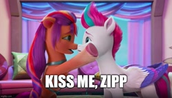 Size: 873x500 | Tagged: safe, edit, edited screencap, screencap, sunny starscout, zipp storm, earth pony, pegasus, pony, g5, hoof done it?, my little pony: make your mark, my little pony: make your mark chapter 2, spoiler:g5, spoiler:my little pony: make your mark chapter 2, spoiler:mymc02e07, caption, duo, face to face, female, holding, image macro, imminent kissing, lesbian, meme, shipping, text