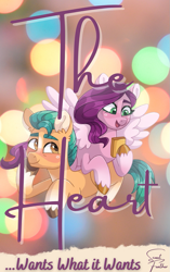 Size: 705x1125 | Tagged: safe, artist:skysorbett, edit, hitch trailblazer, pipp petals, earth pony, pegasus, pony, fanfic:the heart wants what it wants, g5, adorapipp, author:scout feather, cover art, cute, duo, explicit source, fanfic, fanfic art, fanfic cover, fanfic in the description, female, male, mare, ship:pitch, shipping, stallion, straight
