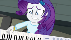 Size: 1280x716 | Tagged: safe, screencap, rarity, human, equestria girls, g4, my little pony equestria girls: rainbow rocks, belt, blouse, bracelet, clothes, eyebrows, eyeshadow, female, frown, hairpin, hiar, jewelry, keytar, looking down, makeup, musical instrument, nervous, playing instrument, solo, teenager, teeth