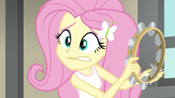 Size: 1280x716 | Tagged: safe, screencap, fluttershy, human, equestria girls, g4, my little pony equestria girls: rainbow rocks, bare shoulders, clothes, musical instrument, sleeveless, tambourine, tank top