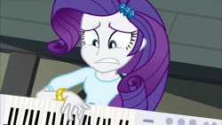 Size: 1281x720 | Tagged: safe, screencap, rarity, human, equestria girls, g4, my little pony equestria girls: rainbow rocks, belt, blouse, bracelet, clothes, eyebrows, eyeshadow, female, frown, hair, hairpin, jewelry, keytar, makeup, musical instrument, nervous, playing instrument, solo, teenager, teeth