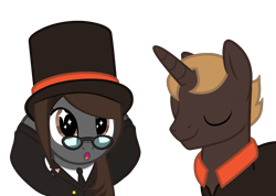 Size: 2849x2024 | Tagged: safe, artist:mrvector, oc, oc:private eye, oc:sonata, pony, unicorn, elements of justice, turnabout storm, female, glasses, hat, high res, male, mare, professor layton, shipping, simple background, stallion, starry eyes, transparent background, vector, wingding eyes