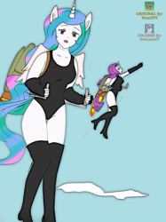 Size: 773x1033 | Tagged: safe, artist:devluca17, artist:yami071, princess celestia, rarity, alicorn, human, anthro, g4, alicorn humanization, alicornified, boots, clothes, happy, horn, horned humanization, humanized, jetpack, leotard, looking at you, race swap, raricorn, shoes, sky, sky background, thigh boots, winged humanization, wings